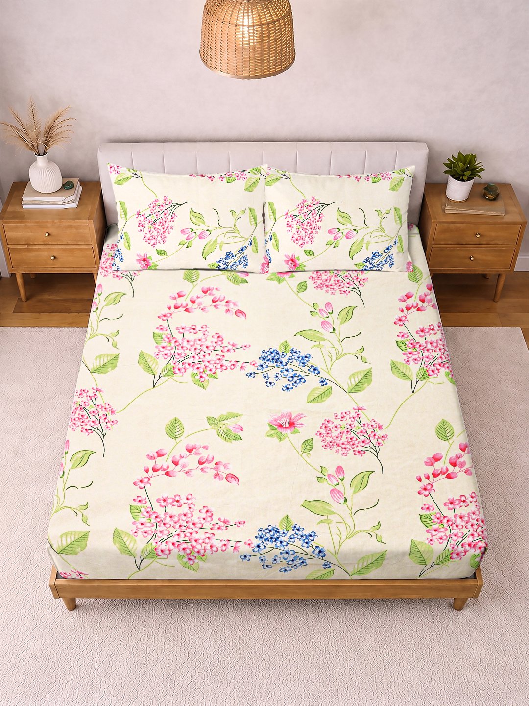 Cream Floral Cotton Blend Double Bedsheet with 2 Pillow Covers
