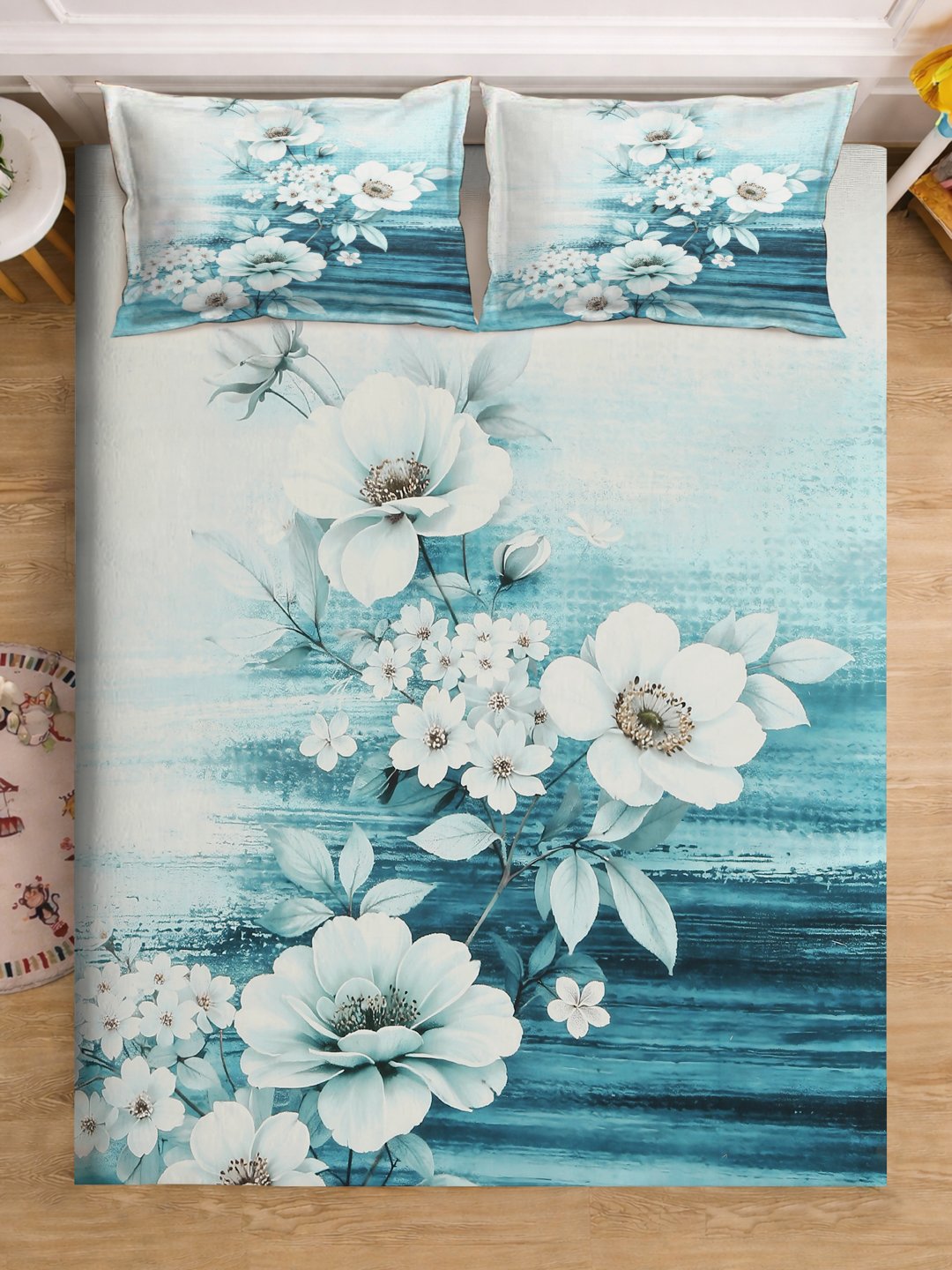 Blue Digital Floral Printed Cotton Blend Double Bedsheet with 2 Pillow Covers