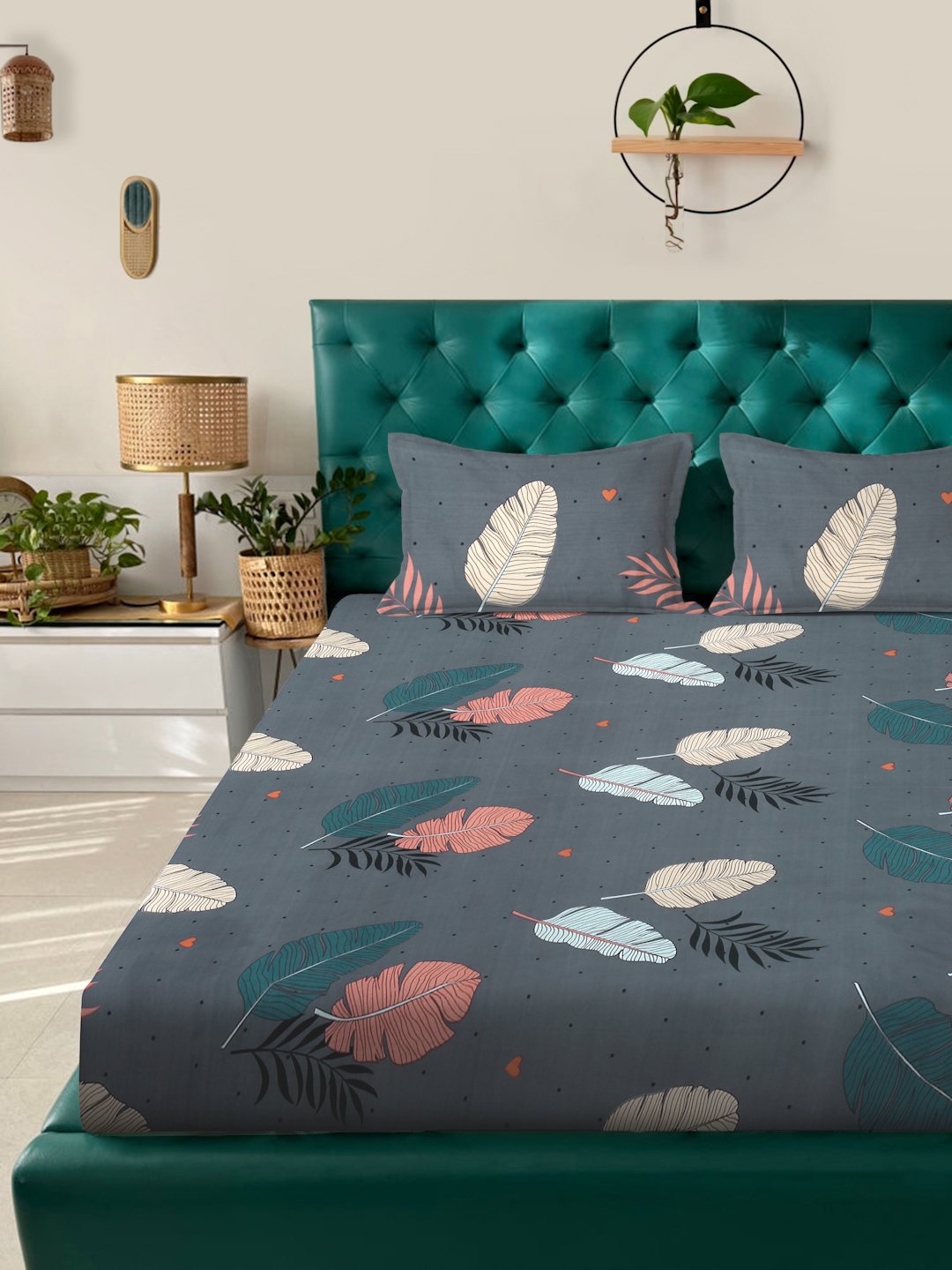 Grey Floral  300 TC Cotton Blend Fitted Double Bedsheet with 2 Pillow Covers