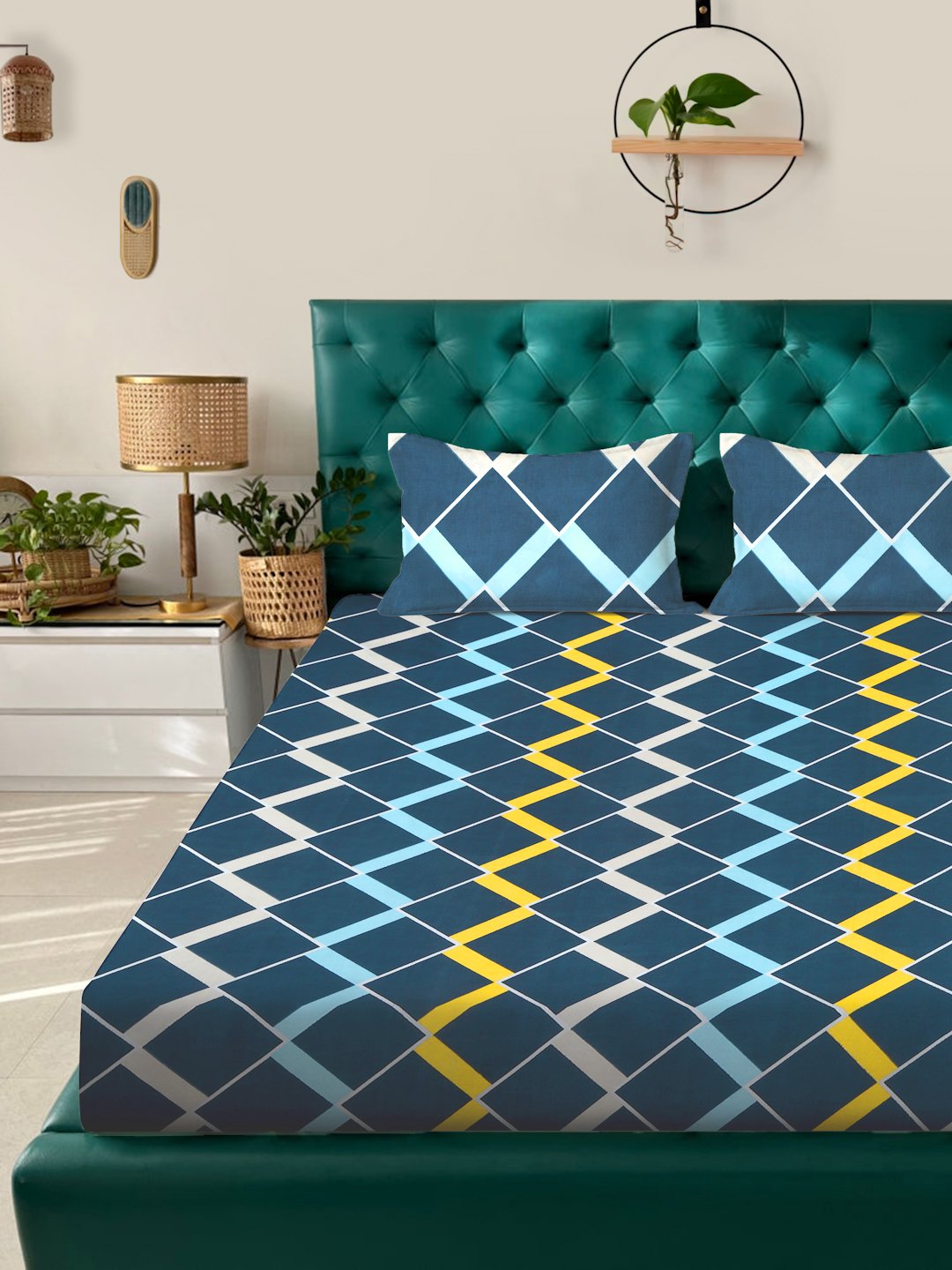 Blue Geometric 300 TC Cotton Blend Fitted Double Bedsheet in Book Fold Packing