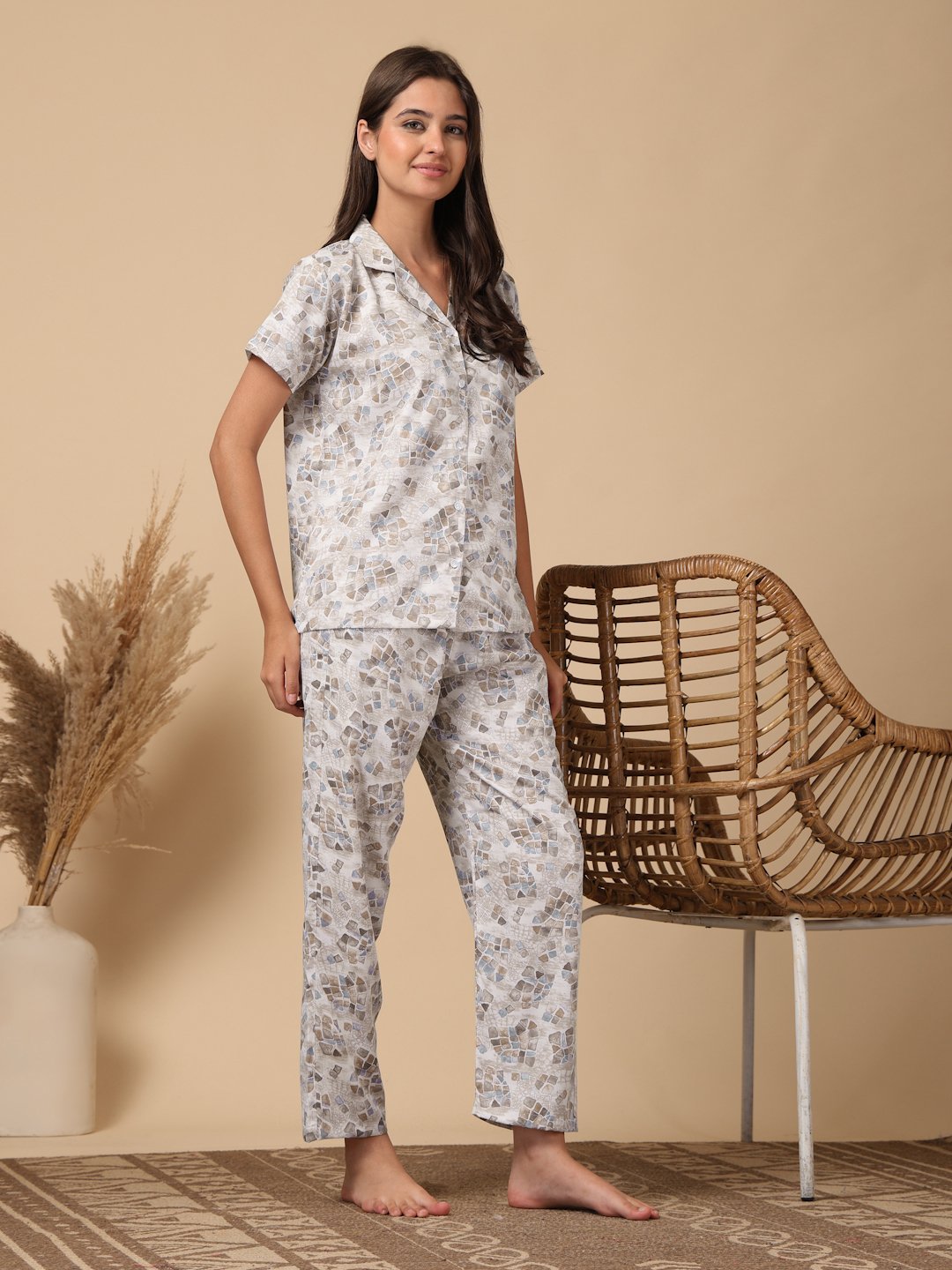 Brown Geometric Cotton Blend Women Night Suit