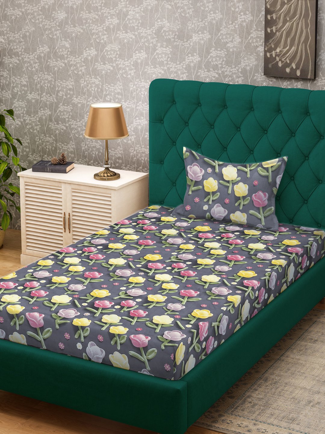 Grey Floral 7D Cotton Blend Single Bedsheet with Pillow Cover
