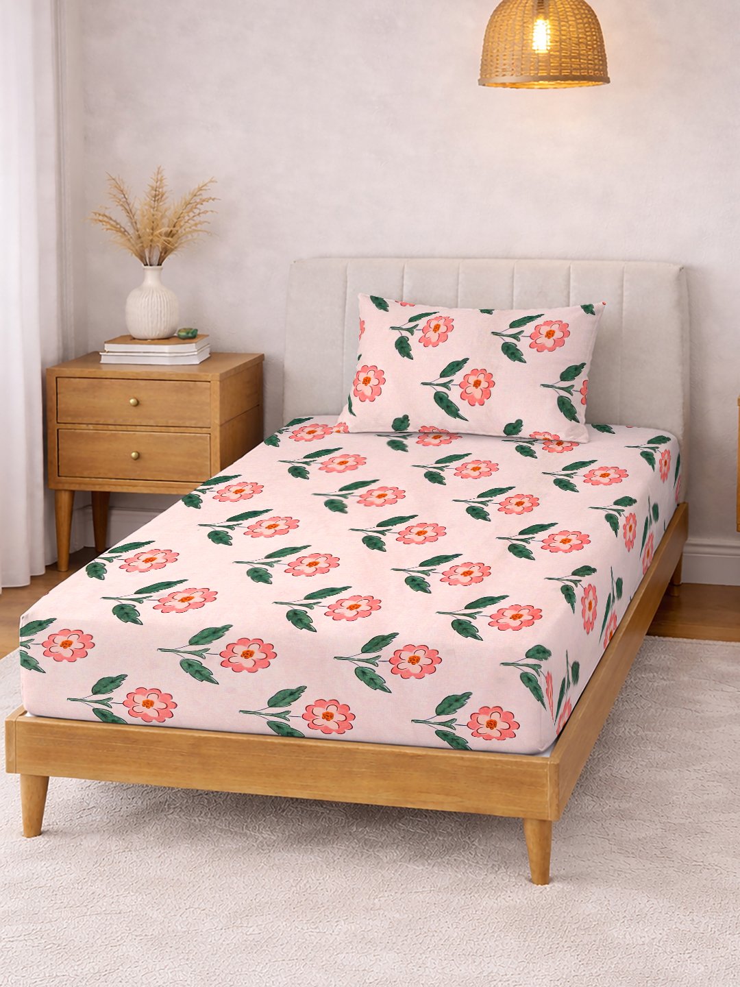 Pink Floral Cotton Blend Single Bedsheet with Pillow Cover