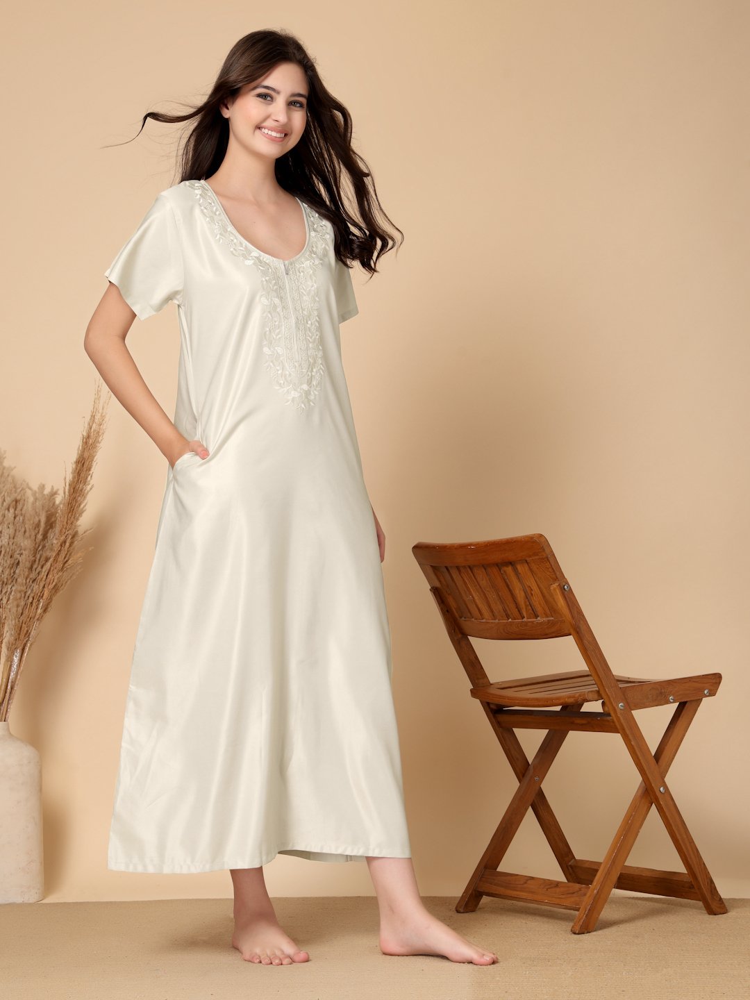 Cream Solid Soft Feel Cotton Blend Maxi