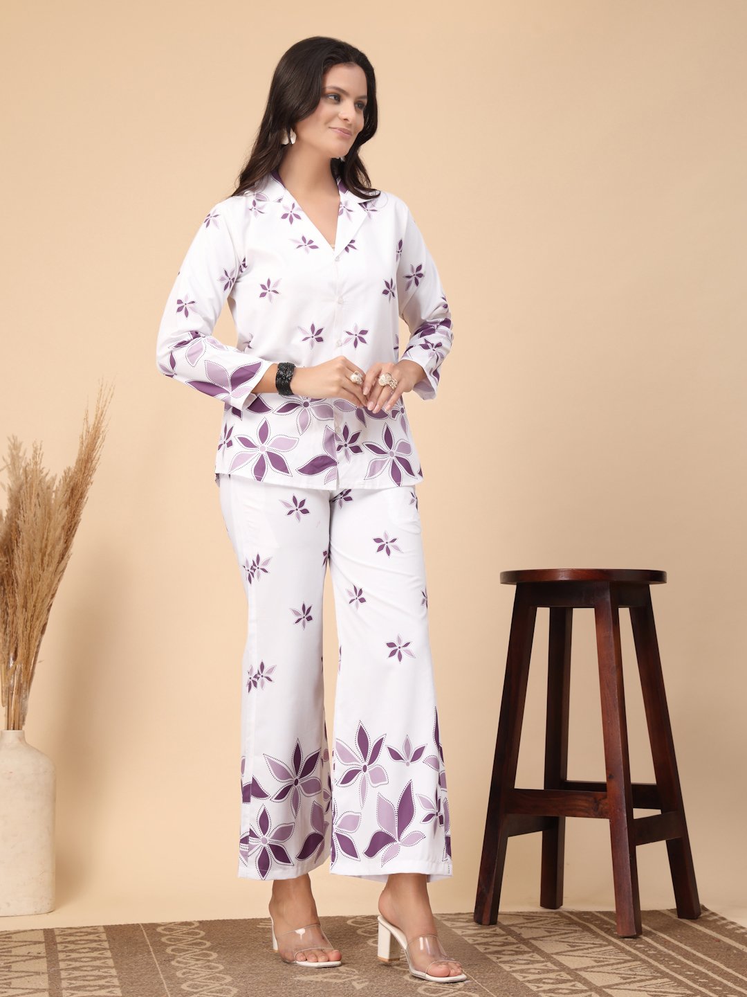 White Cotton Printed Shirt With Trousers Co-Ords Set