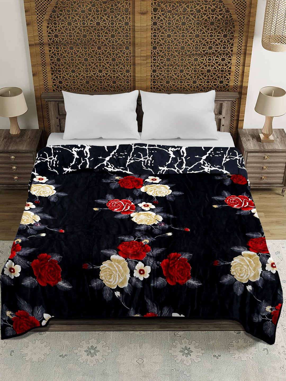 Black Woolen Floral Double Bed Dohar