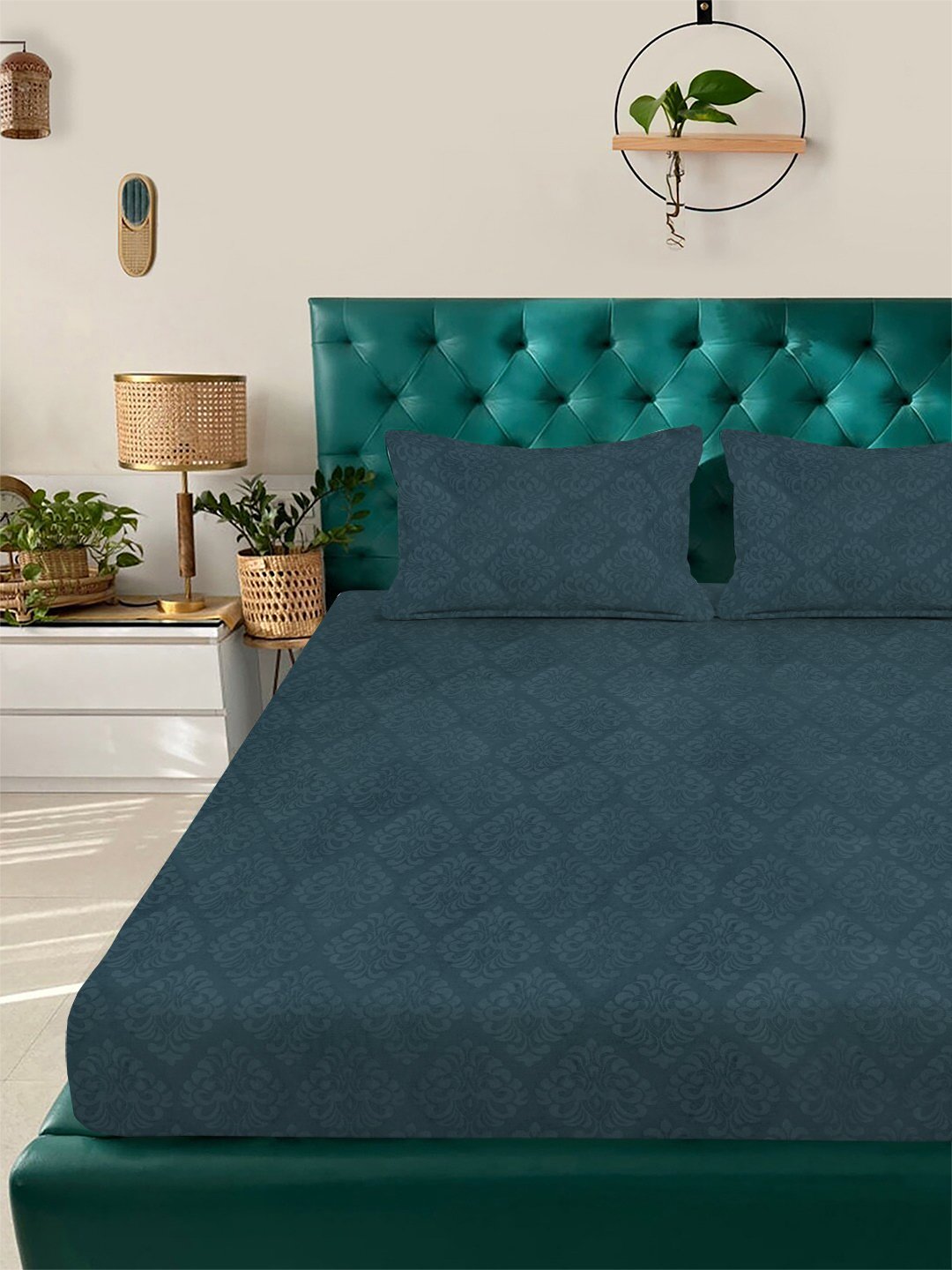 Blue Floral Embossed Cotton Blend Fitted Double Bedsheet with 2 Pillow Covers