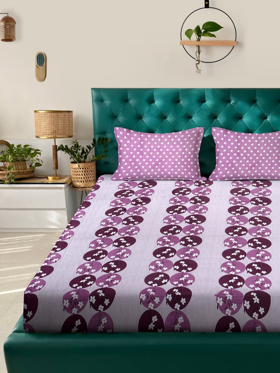 Purple Floral 400 TC Pure Cotton Fitted Double Bedsheet with 2 Pillow Covers