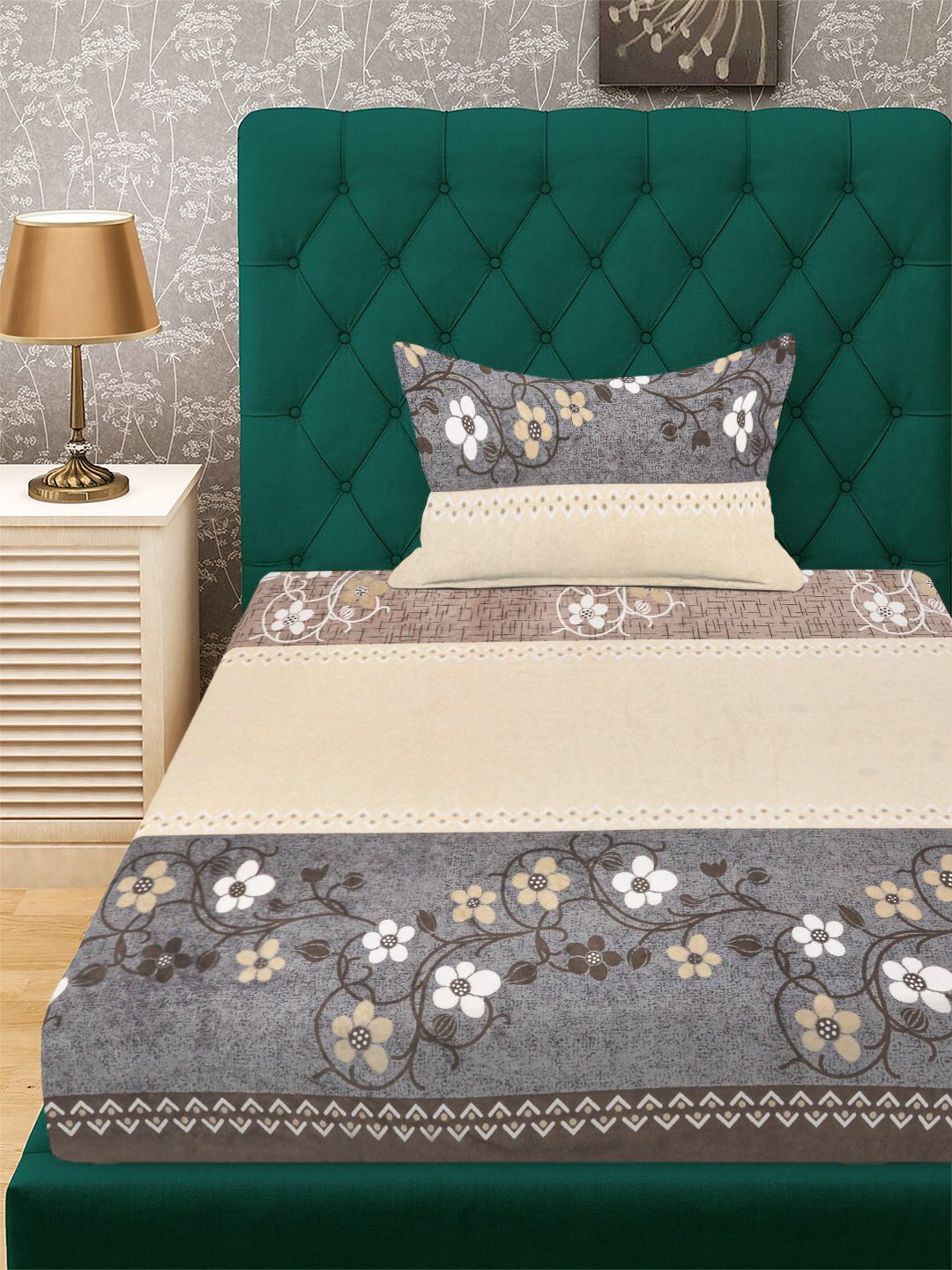 Brown Floral Woolen Single Bedsheet with Pillow Cover