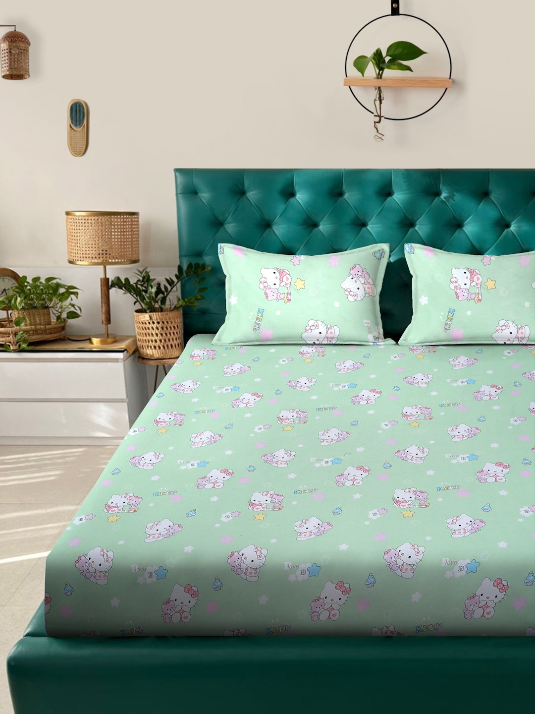 Green Cartoon Characters 400 TC Pure Cotton Double Bedsheet with 2 Pillow Covers