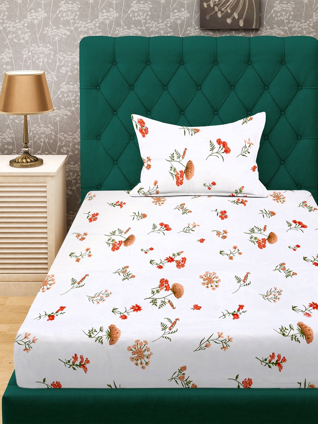 White Floral 300 TC Cotton Blend Single Bedsheet with Pillow Cover