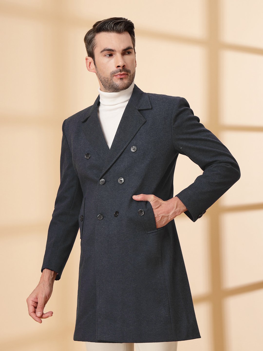 NavyBlue Long Sleeve Double-Breasted Woolen Coat