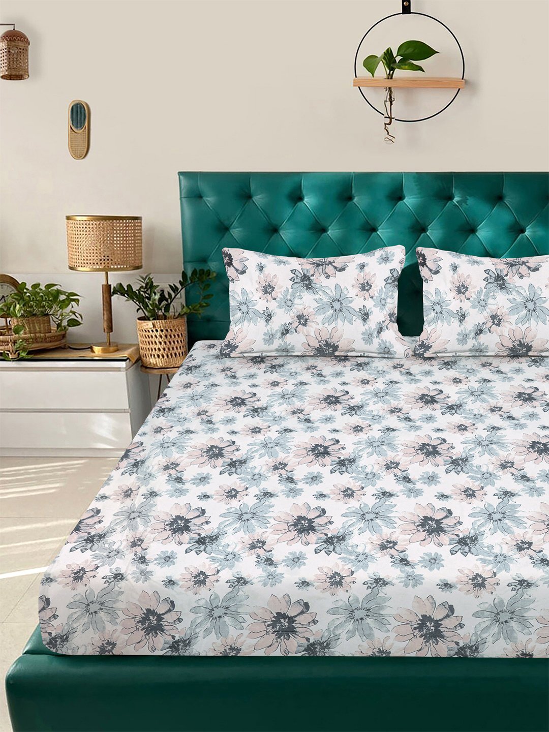 White Floral 300 TC Cotton Blend Fitted Double Bedsheet with 2 Pillow Covers