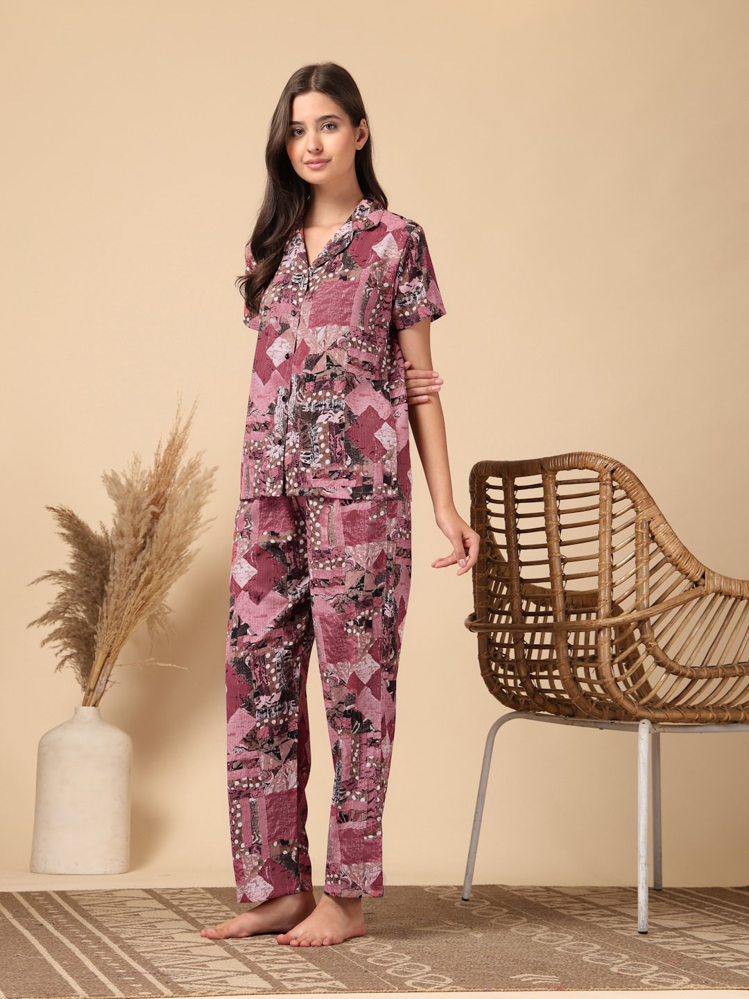 Red Geometric Cotton Blend Women Night Suit