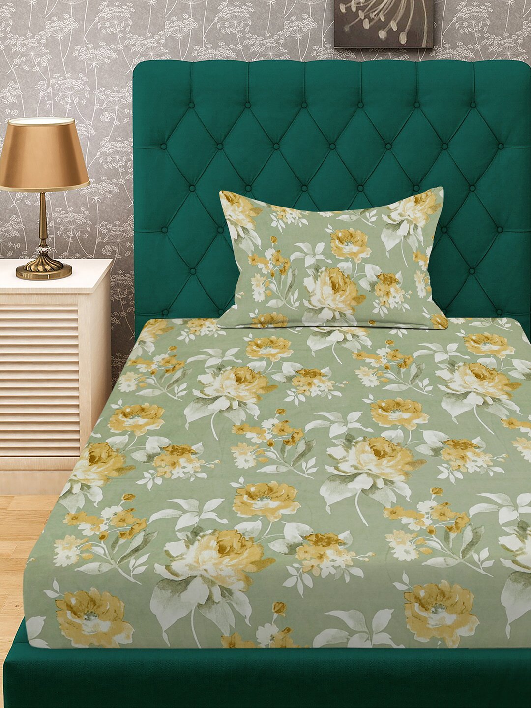 Green Floral 300 TC Cotton Blend Single Bedsheet with Pillow Cover