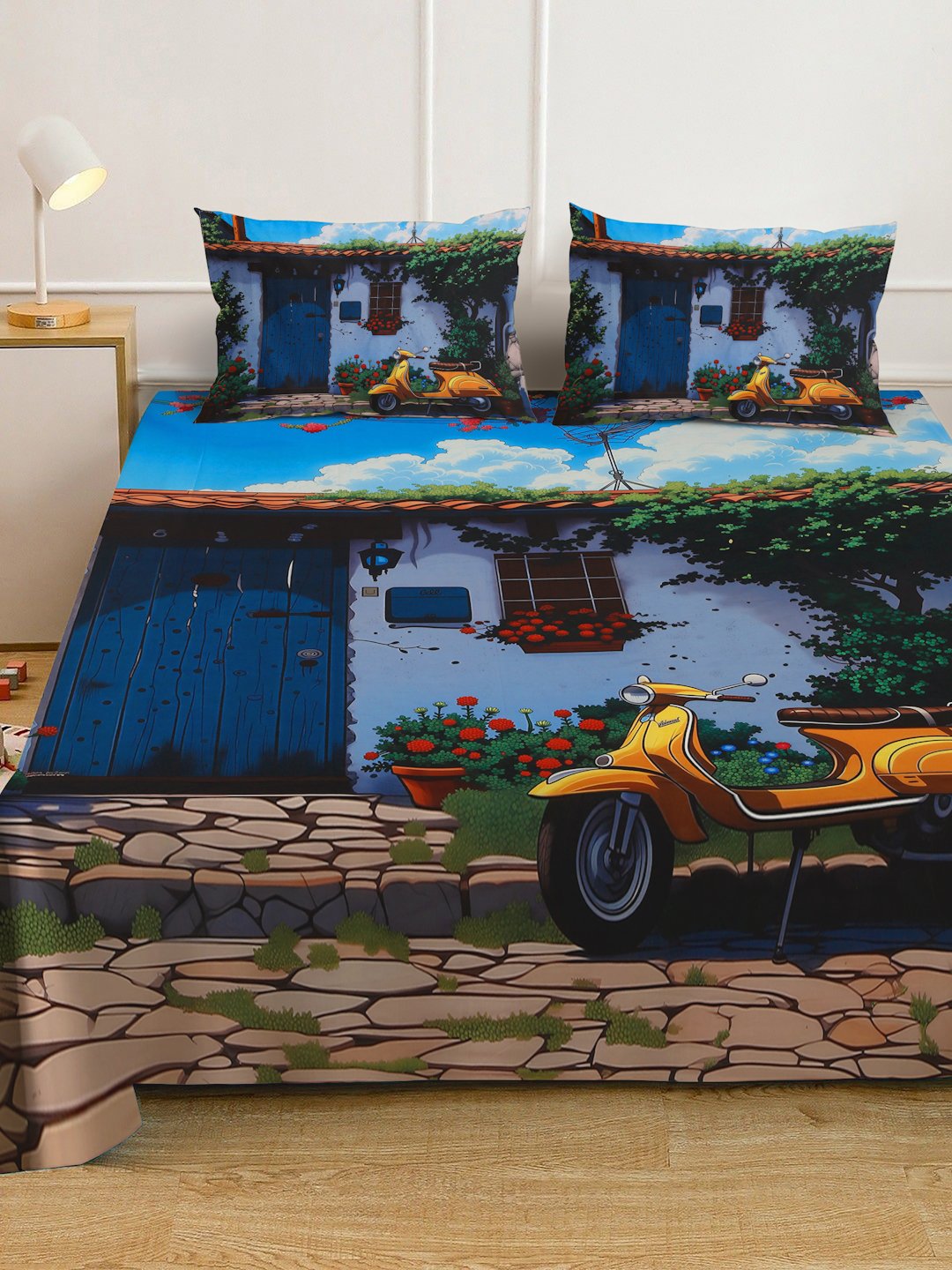 Blue Digital Abstract Printed Cotton Blend Fitted Double Bedsheet with 2 Pillow Covers