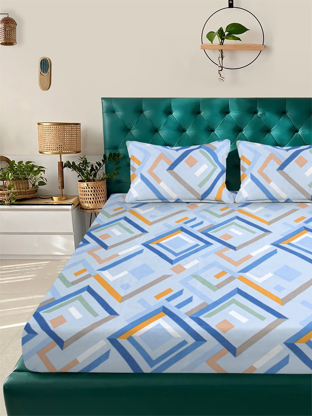 Blue Geometric 300 TC Cotton Blend Fitted Double Bedsheet with 2 Pillow Covers