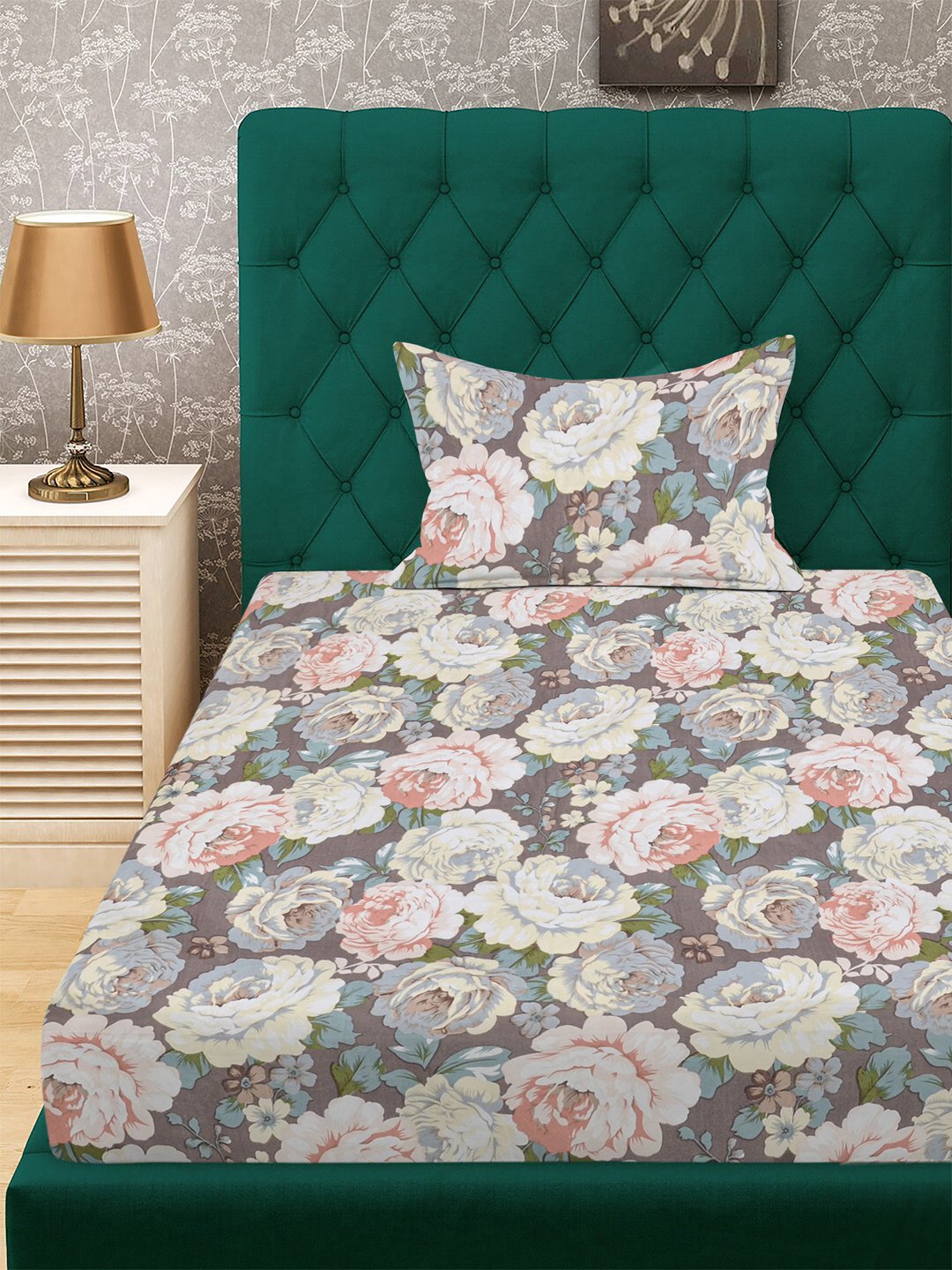 Multi Floral 300 TC Cotton Blend Single Bedsheet with Pillow Cover