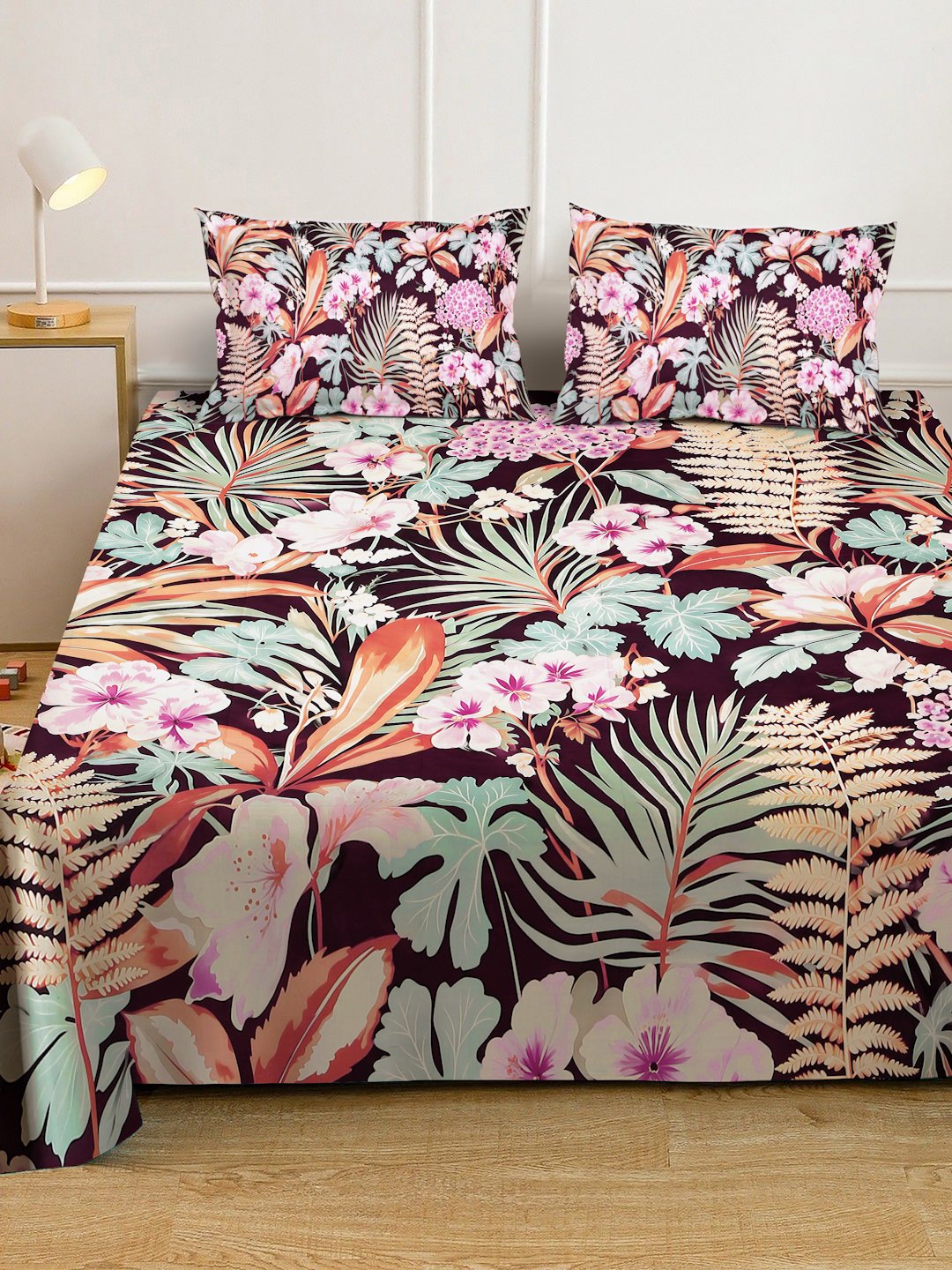 Multi Digital Floral Printed Cotton Blend Fitted Double Bedsheet with 2 Pillow Covers