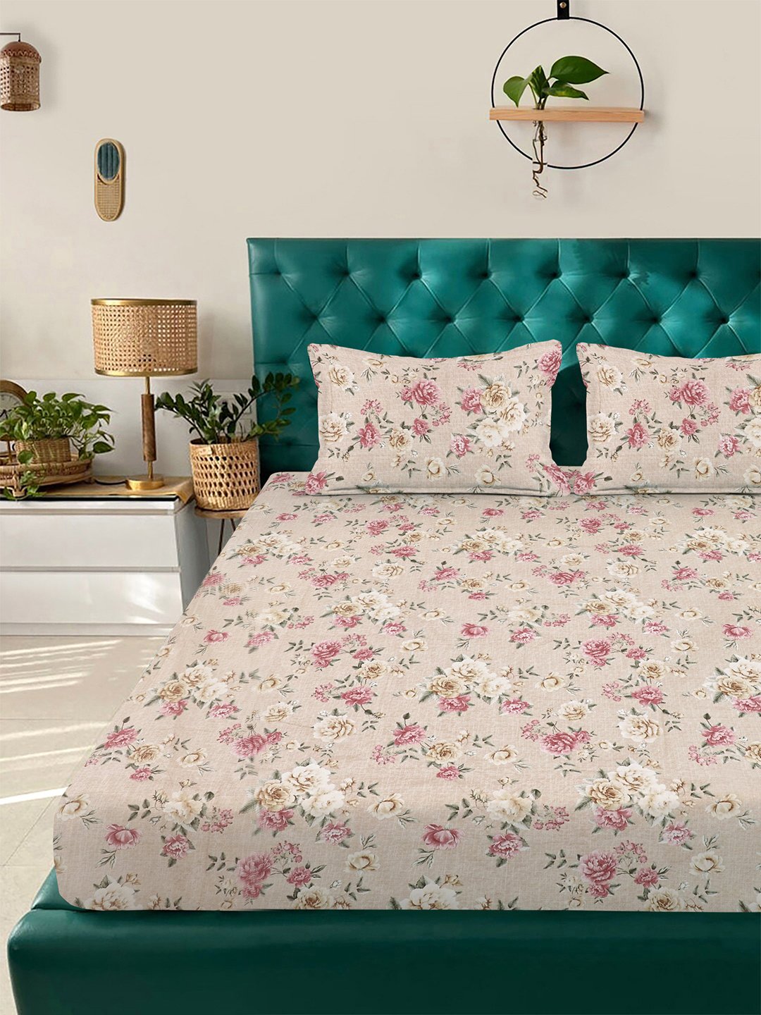 Beige Floral 300 TC Cotton Blend Fitted Double Bedsheet with 2 Pillow Covers