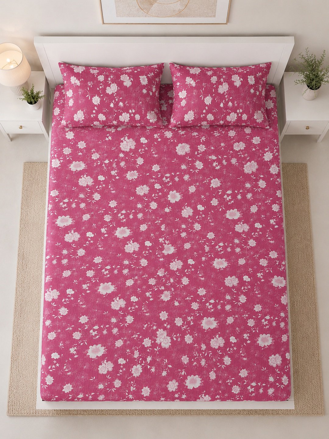 Pink Floral Cotton Blend Fitted Double Bedsheet with 2 Pillow Covers
