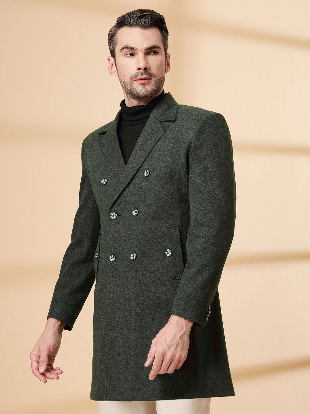 Olive Long Sleeve Double-Breasted Woolen Coat