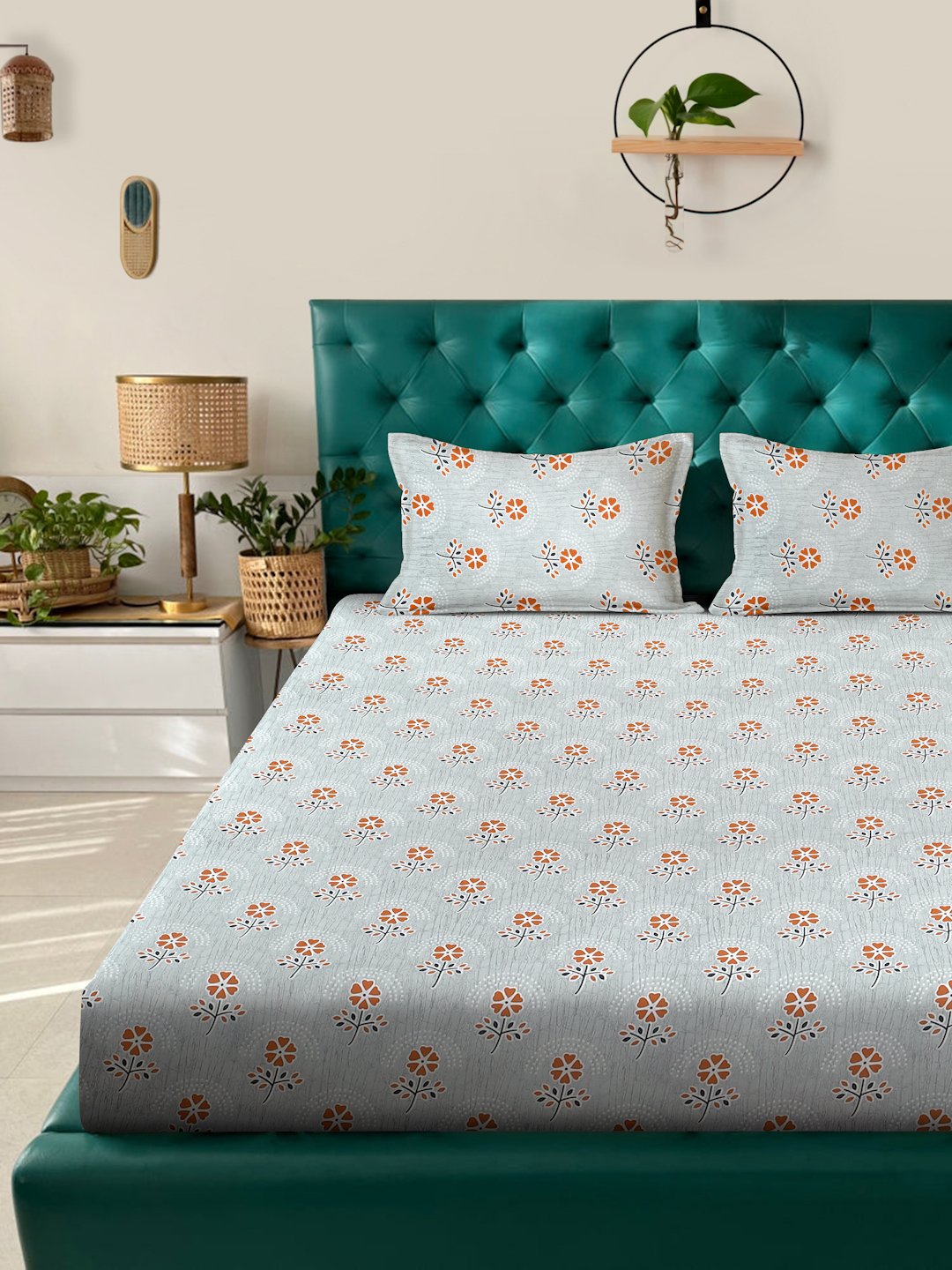 Grey Floral 400 TC Pure Cotton Double Bedsheet with 2 Pillow Covers