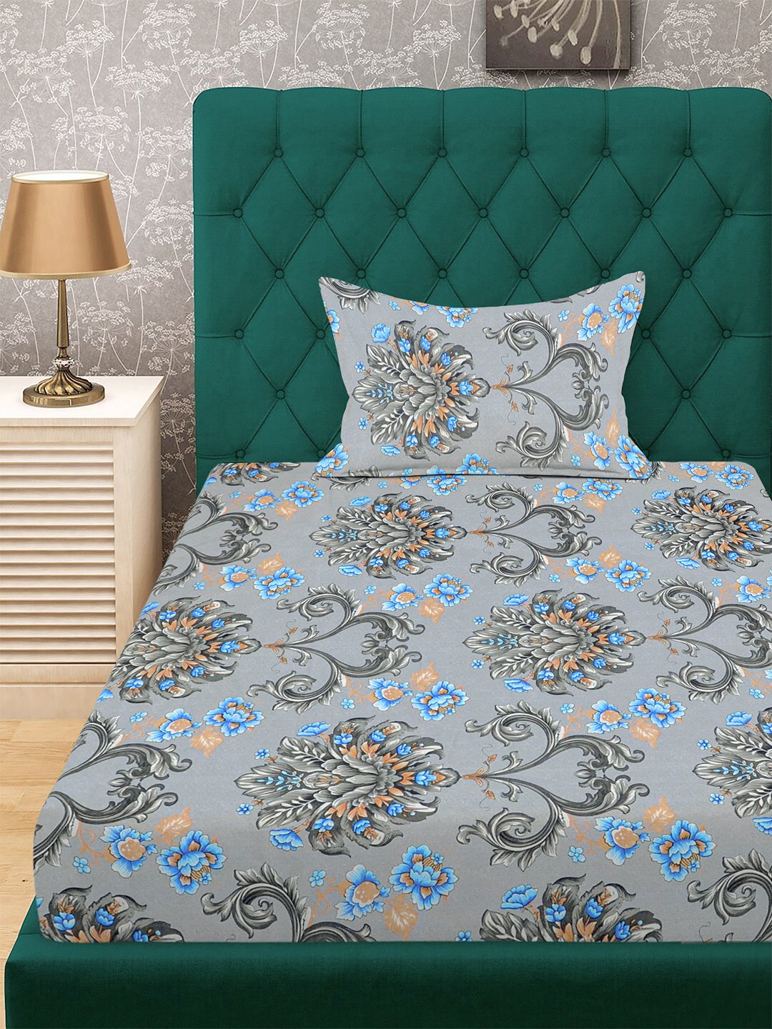 Grey Floral 300 TC Cotton Blend Single Bedsheet with Pillow Cover