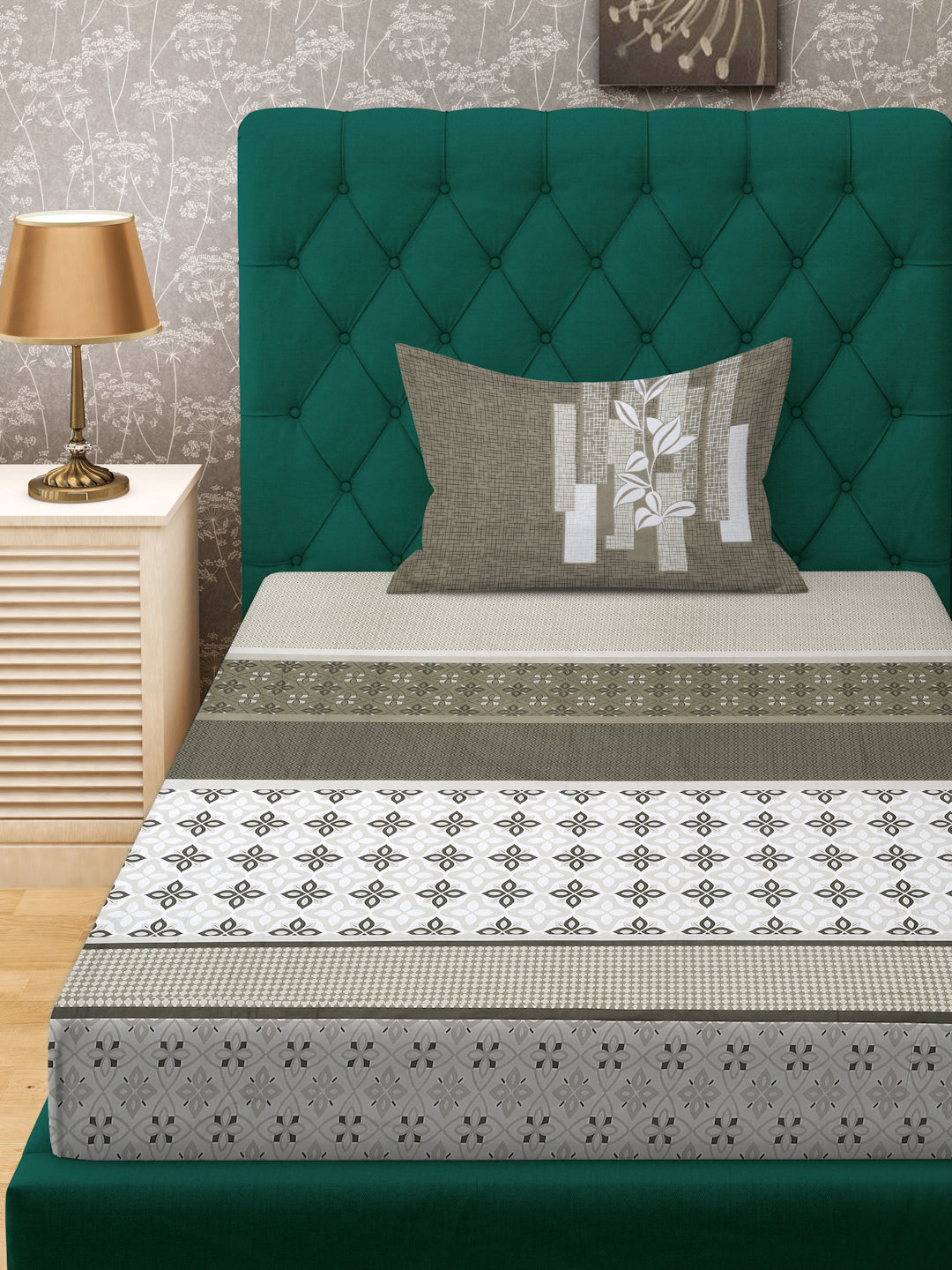Klotthe Olive Geometric 400 TC Pure Cotton Single Bedsheet with Pillow Cover