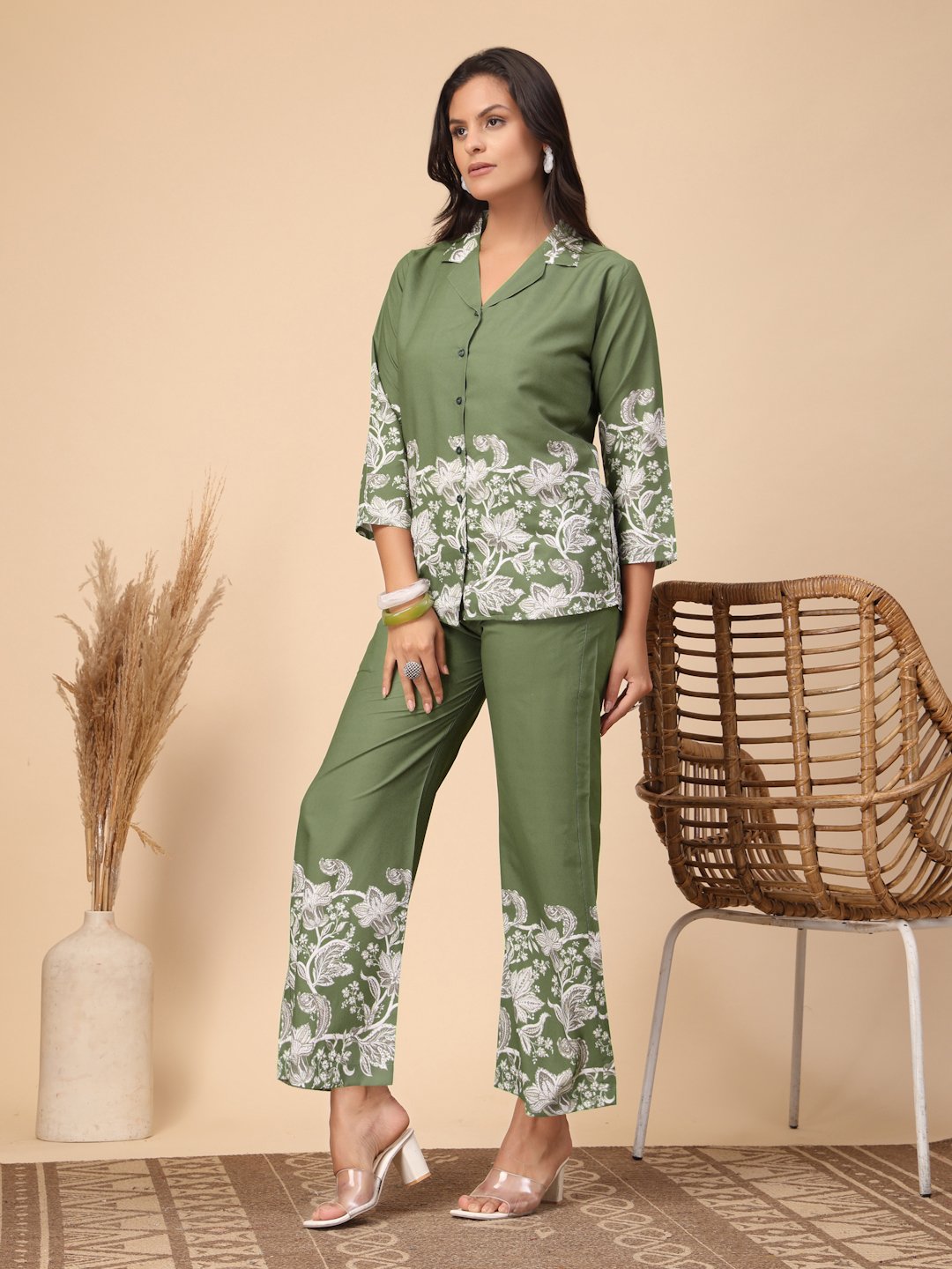 Green Cotton Printed Shirt With Trousers Co-Ords Set