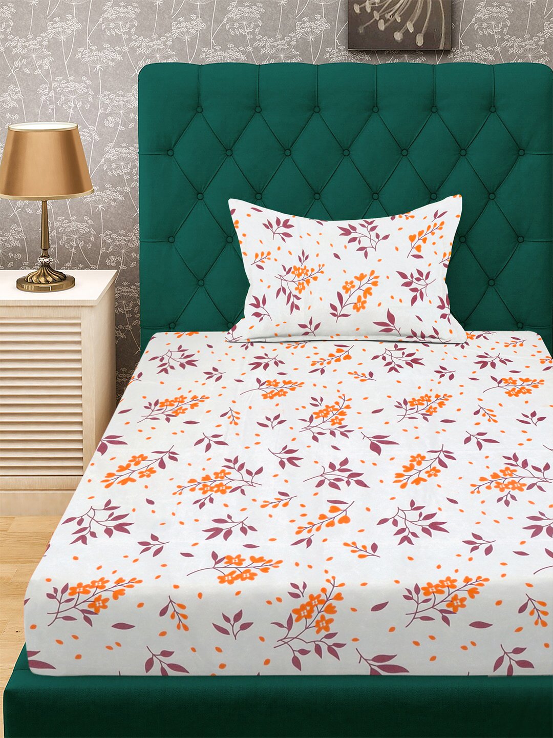 White Floral 300 TC Cotton Blend Fitted Single Bedsheet with Pillow Cover