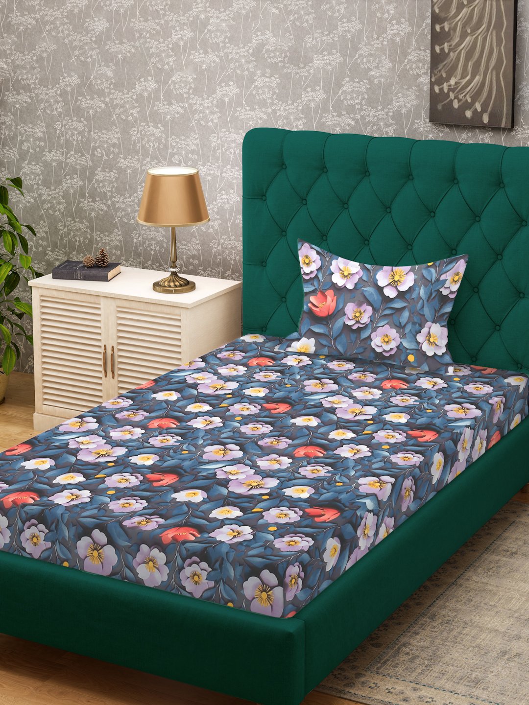 Blue Floral 7D Cotton Blend Single Bedsheet with Pillow Cover
