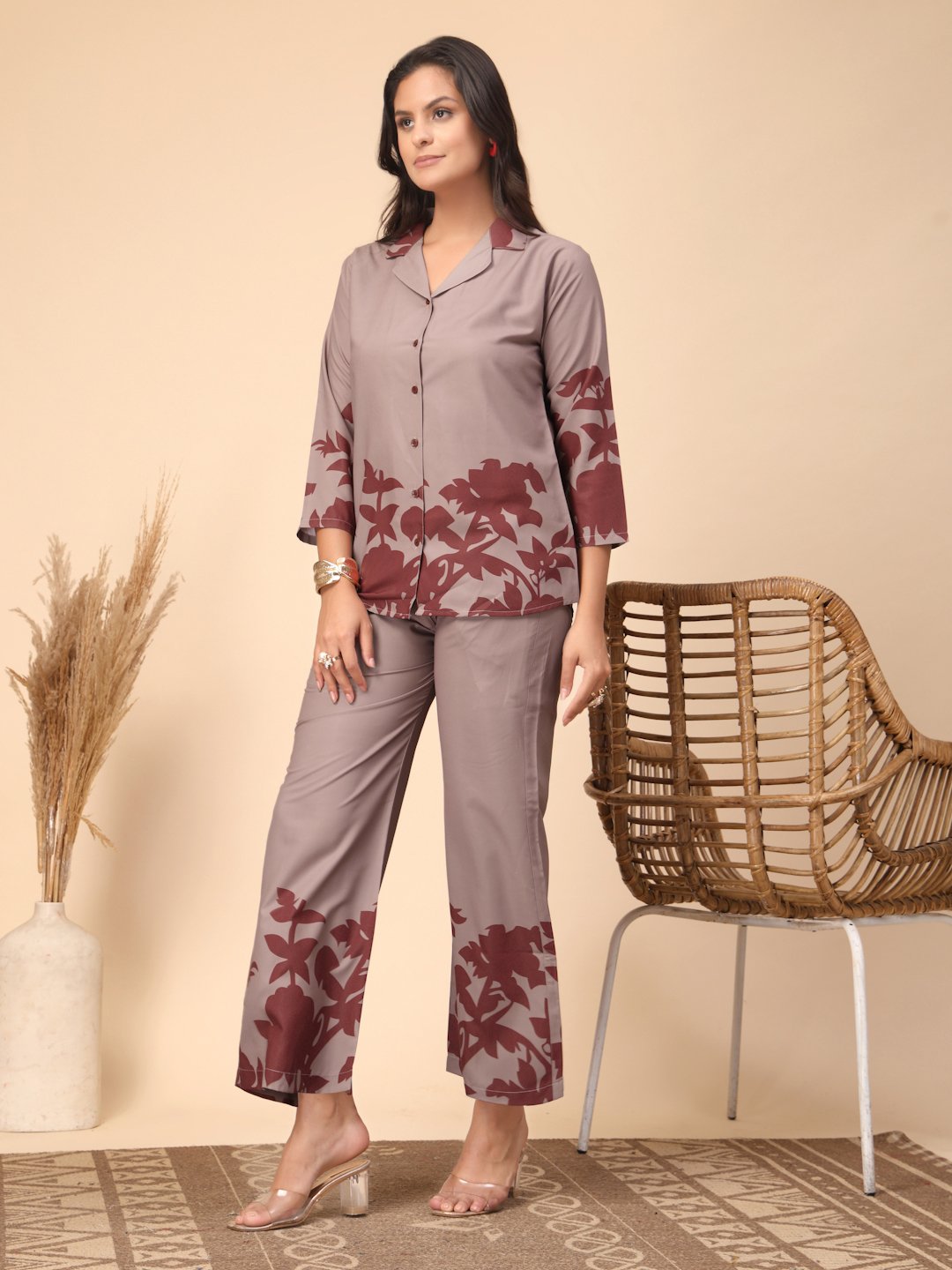 Brown Cotton Printed Shirt With Trousers Co-Ords Set