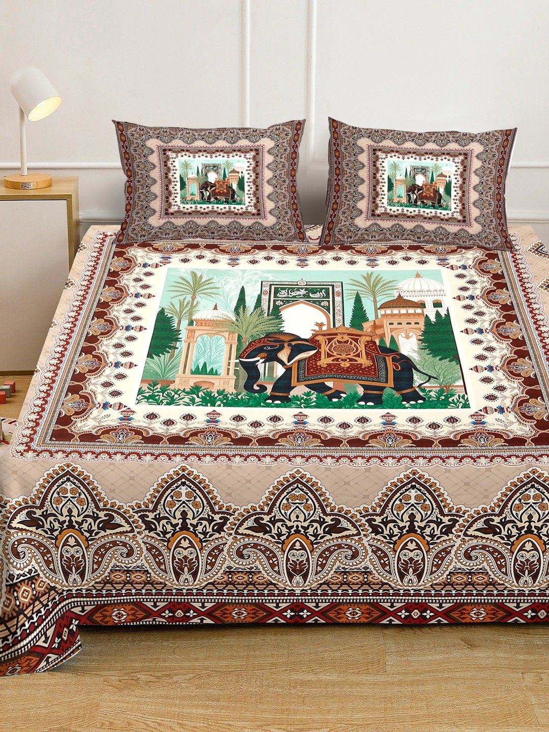 Multi Digital Ethnic Motifs Printed Cotton Blend Fitted Double Bedsheet with 2 Pillow Covers
