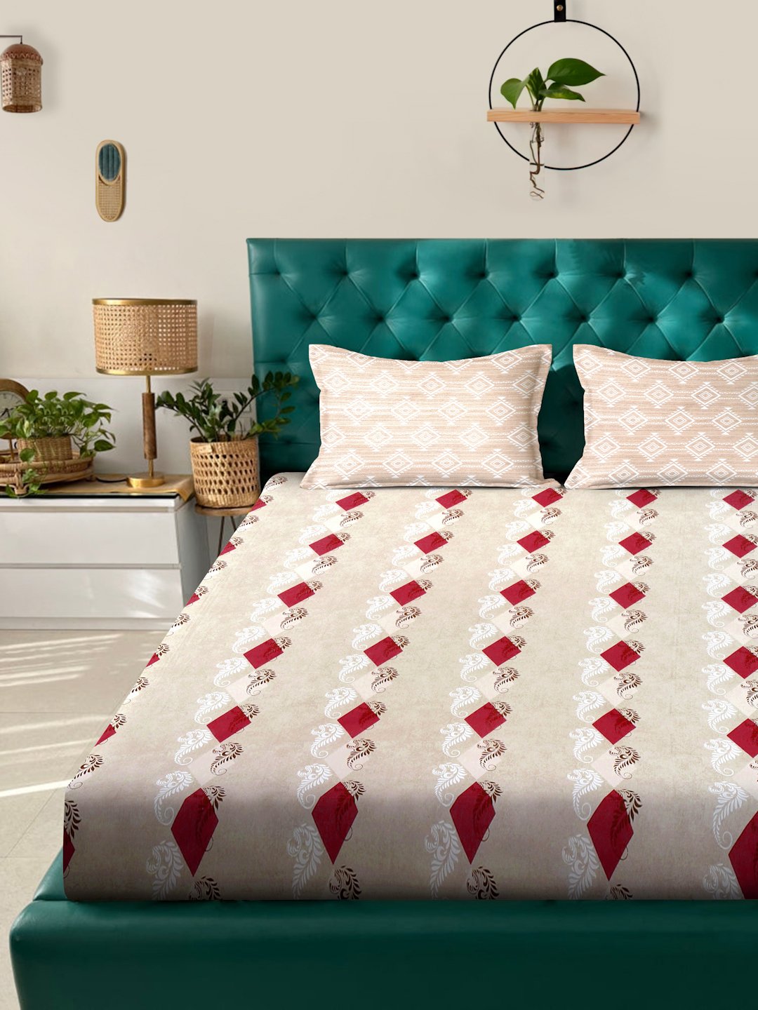 Beige Geometric 400 TC Pure Cotton Double Bedsheet with 2 Pillow Covers