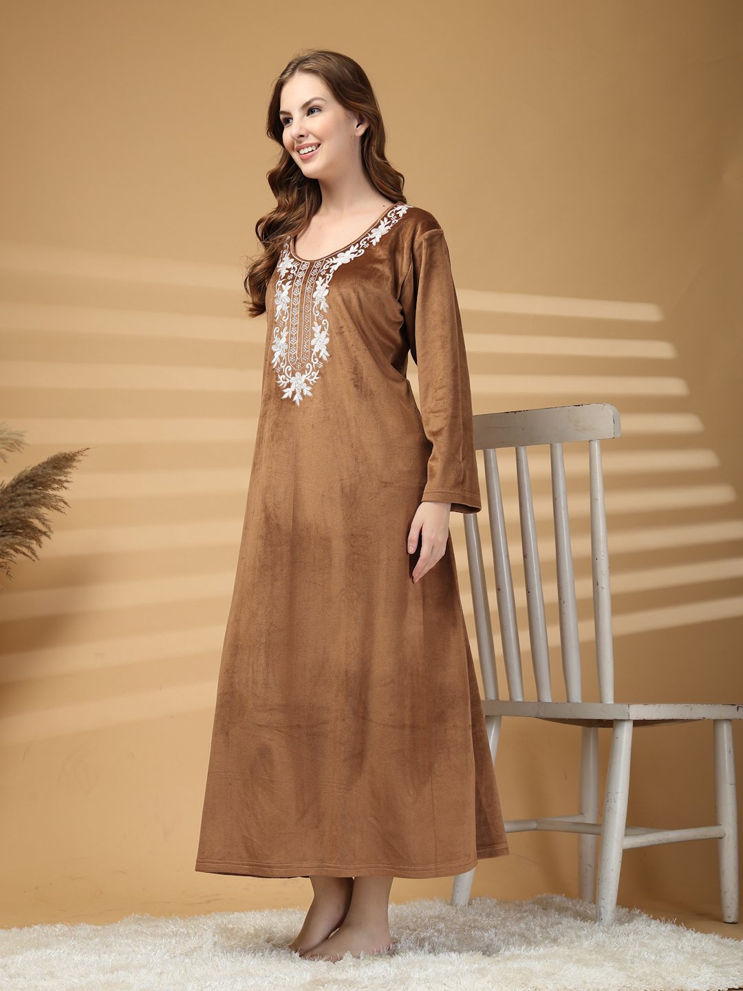 Klotthe Brown Solid Soft touch Velvet Maxi Nightdress