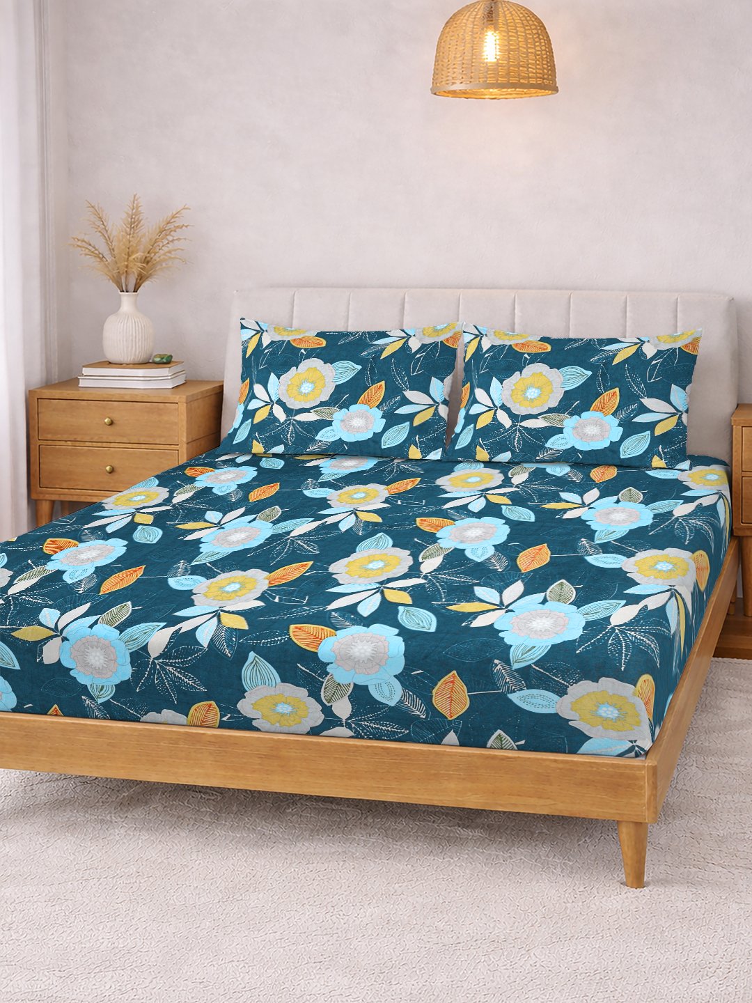 Blue Floral Cotton Blend Double Bedsheet with 2 Pillow Covers