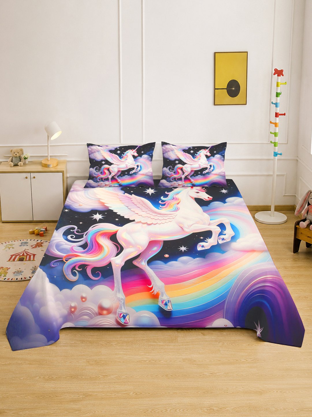 Digital Multi Cartoon Characters Cotton Blend Fitted Double Bedsheet with 2 Pillow Covers
