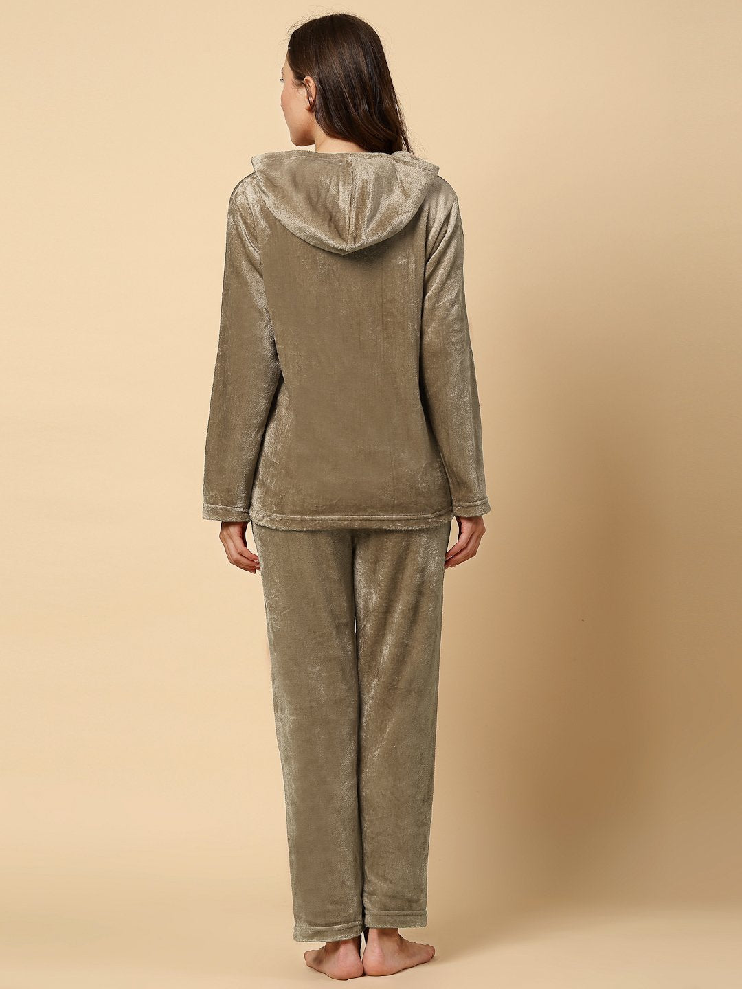 Klotthe Women Beige Wool Blend Solid Hooded Night Suit
