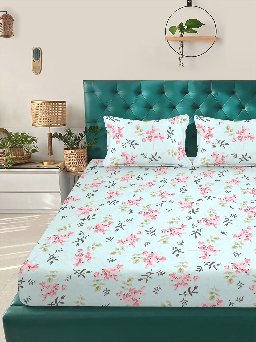 Green Floral 300 TC Cotton Blend Fitted Double Bedsheet with 2 Pillow Covers