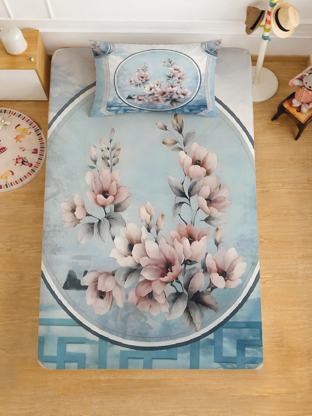 SkyBlue Digital Floral Printed Cotton Blend Single Bedsheet with Pillow Cover