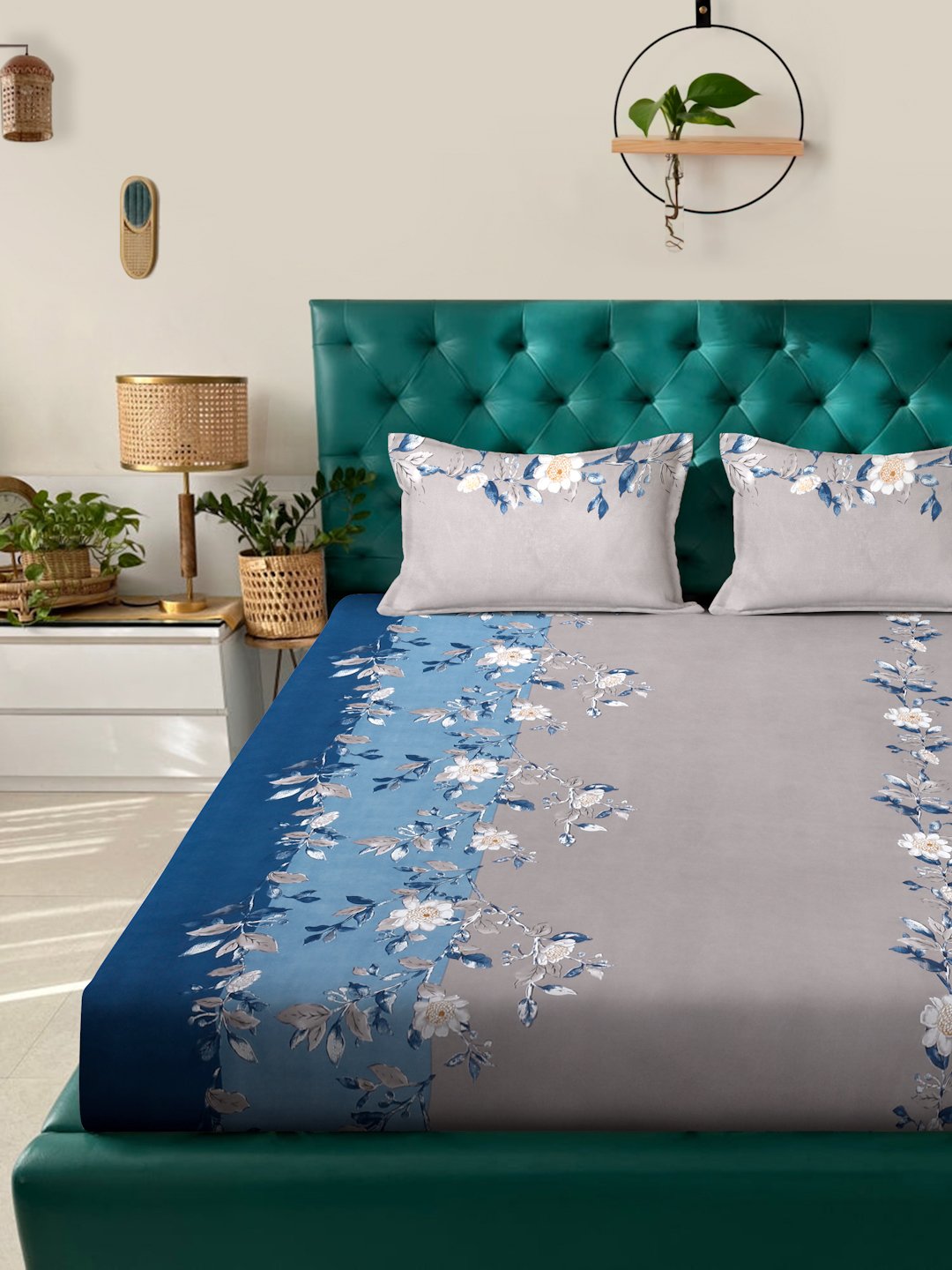 Grey Floral  300 TC Cotton Blend Double Bedsheet with 2 Pillow Covers