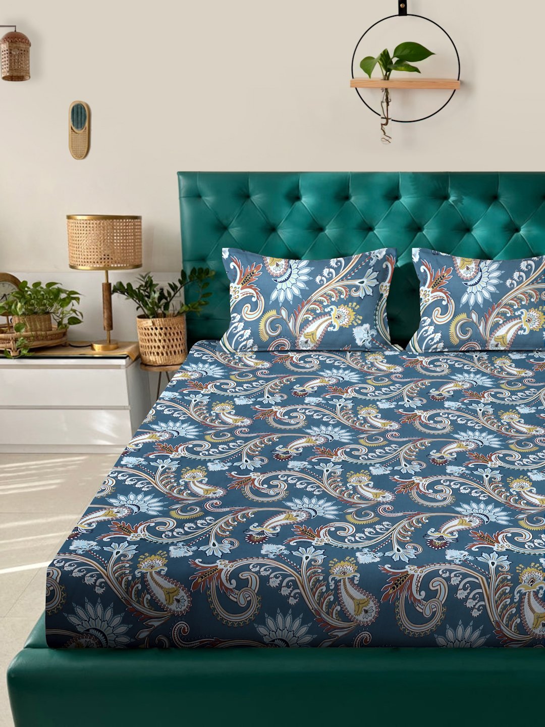 Blue Floral 300 TC Cotton Blend Double Bedsheet in Book Fold Packing