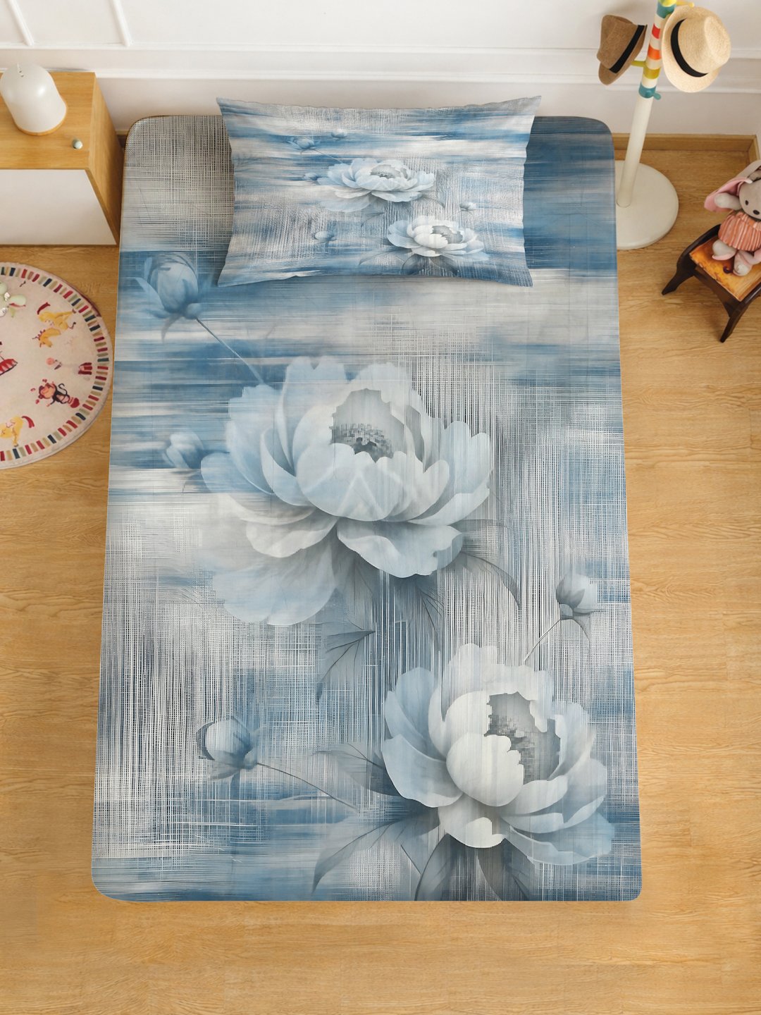 Blue Digital Floral Printed Cotton Blend Single Bedsheet with Pillow Cover
