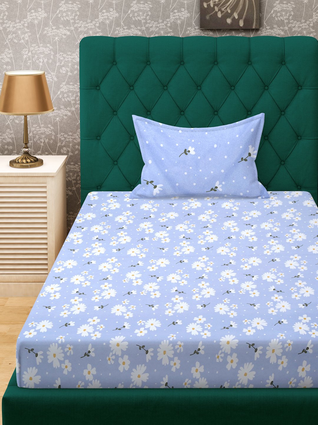 Blue Floral 300 TC Cotton Blend Fitted Single Bedsheet with Pillow Cover