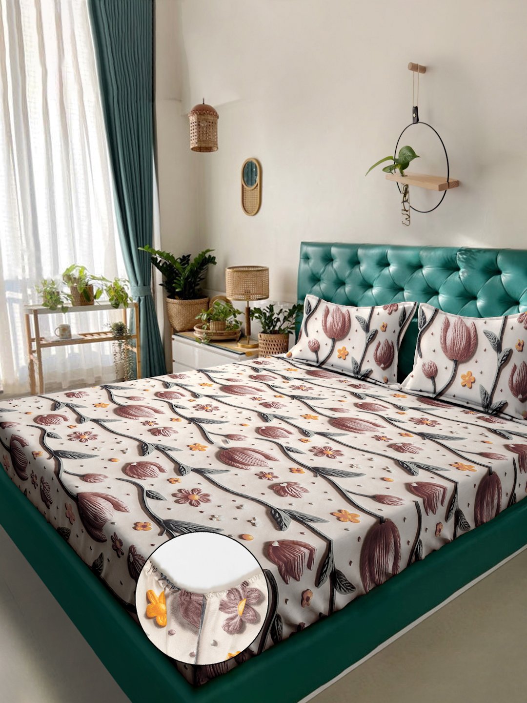 Cream Floral 7D King Size Cotton Blend Fitted Double Bedsheet with 2 Pillow Covers