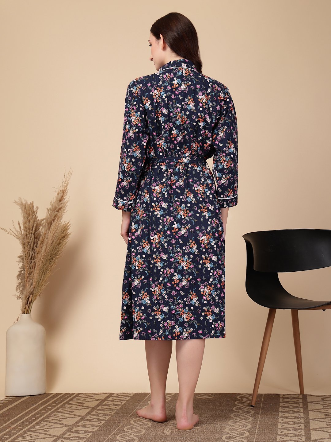 Women Printed Blue Floral Pure Cotton Bath Robe With Belt