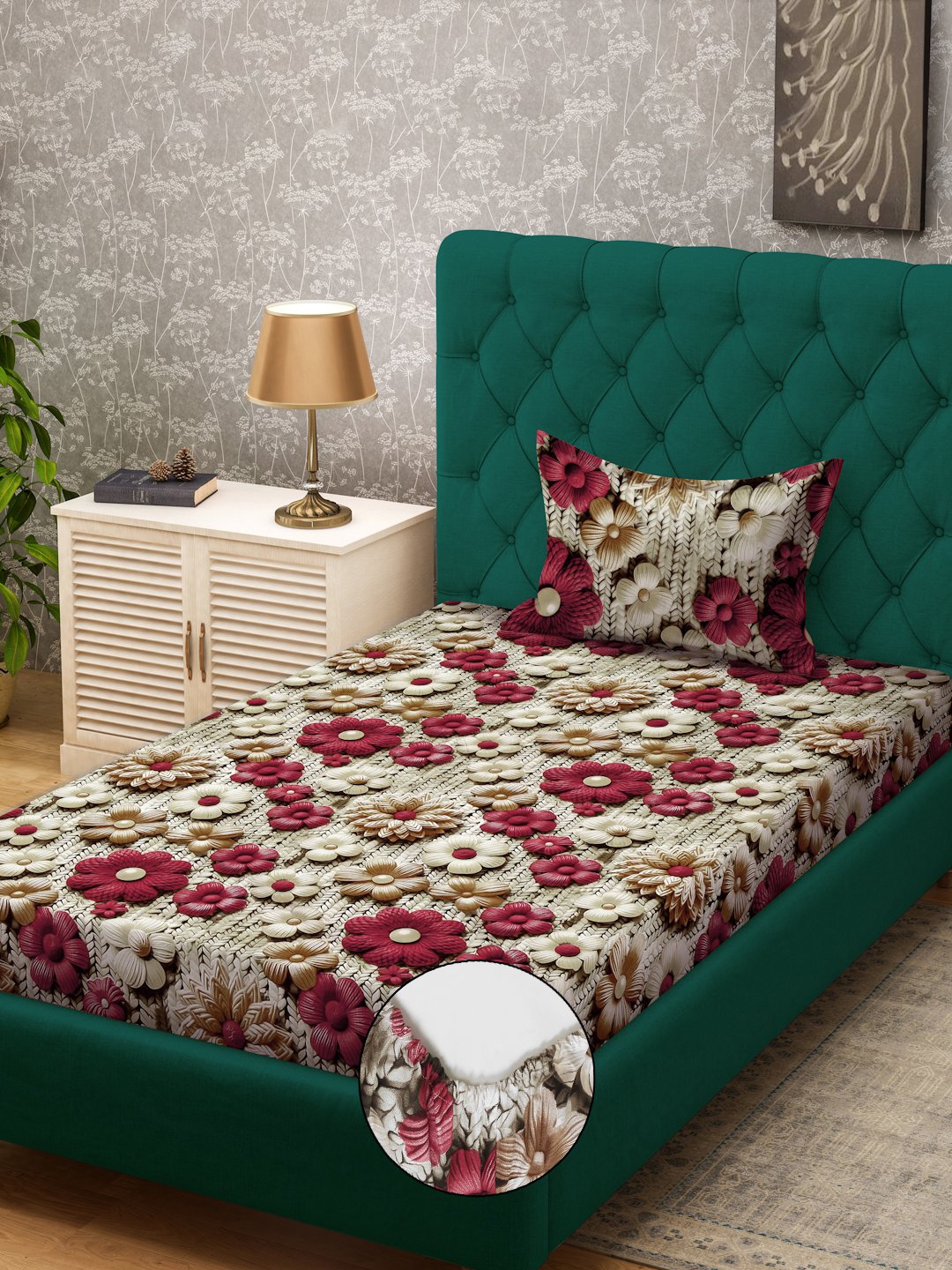 Beige Floral 7D Cotton Blend Fitted Single Bedsheet with Pillow Cover