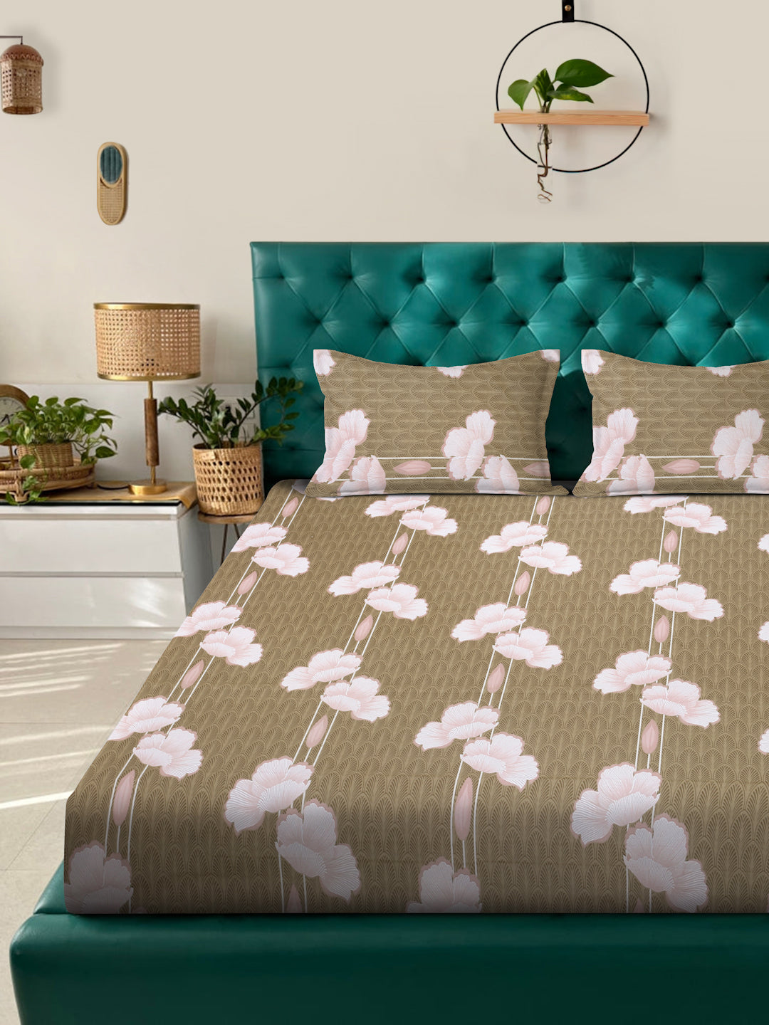 Klotthe Mustard Floral 400 TC Pure Cotton Fitted Double Bedsheet with 2 Pillow Covers
