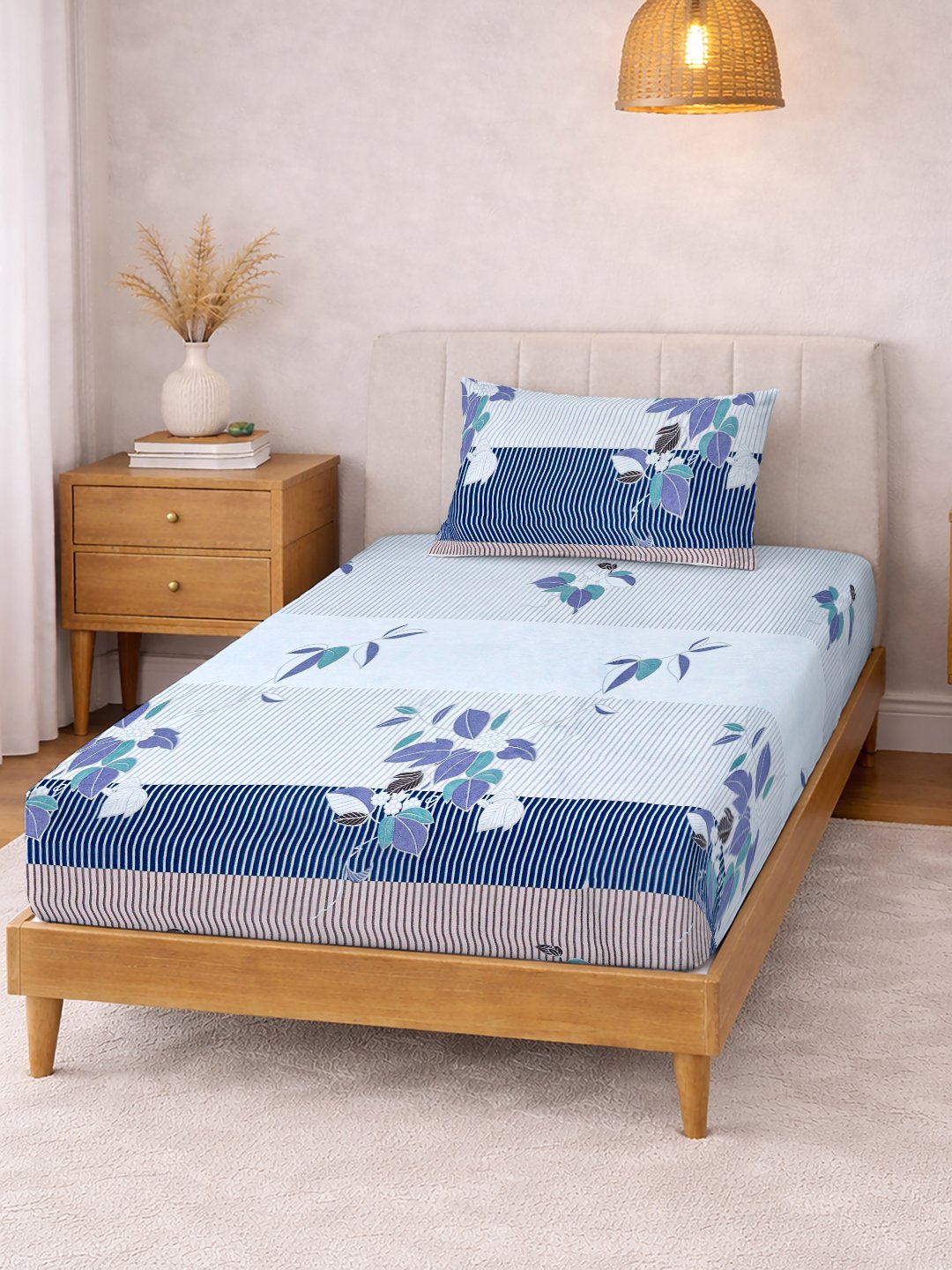 Multi Floral Cotton Blend Fitted Single Bedsheet with Pillow Cover